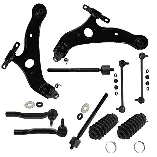 Detroit Axle - 12pc Kit: Both (2) Front Lower Control Arms and (2) Lower Ball Joints and All (4) Inner and Outer Tie Rod Links w/Rack Boots and (2) Sway Bar Links for [2004-2010 Toyota Sienna]