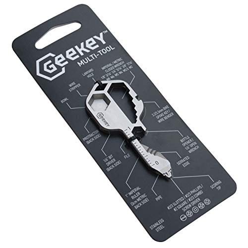 Geekey Multi-tool – Key shaped pocket tool for your keychain w/bottle opener, screwdriver, ruler, wrench, bit driver, file, bike spoke key - stainless steel and TSA friendly.