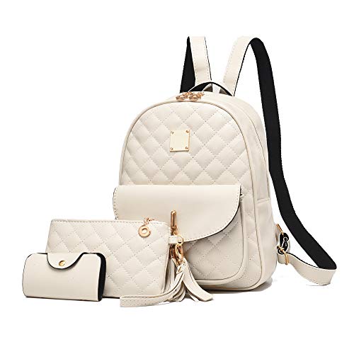 Women’s Backpack 3-pieces Fashion PU Leather Shoulder Bags Fashion Ladies Travel Bookbag Beige