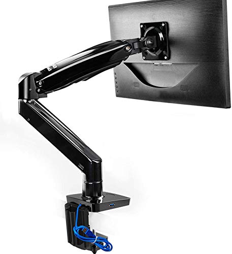 HUANUO Monitor Mount Stand - Long Single Arm Gas Spring Monitor Desk Mount for 22 to 35 Inch Computer Screens Height Adjustable VESA Bracket with Clamp, Grommet Mounting Base - Holds 6.6 to 26.4 lbs