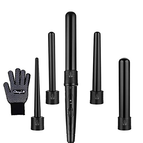 CkeyiN 5 in 1 Ceramic Curling Iron Wand Set with 5 Interchangeable Ceramic Barrels and Heat Resistant Glove, Temperature Control Dual Voltage Hair Curler Set for All Hair Types– Black