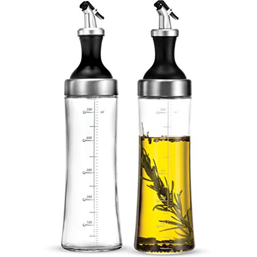 Superior Glass Oil and Vinegar Dispenser, (set of 2) Modern Olive Oil Dispenser, Wide Opening for Easy Refill and Cleaning, Clear Lead Free Glass Oil Bottle, Pouring Spouts, 18 Oz. Cruet Set