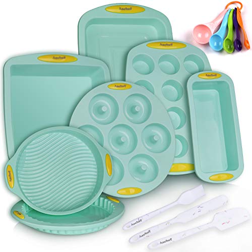 15in1 Silicone Nonstick Baking Pans Mold Tray Supplies Tools Bakeware Set, BPA Free Food Grade for Muffin Donuts Pizza Tiramisu Cake Pan Cookie Sheets Cookware Set with Yellow Hanlde Grip for Oven