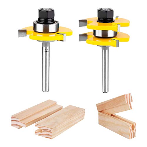 KOWOOD Tongue and Groove Set of 2 Pieces 1/4 Inch Shank Router Bit Set 3 Teeth Adjustable T Shape Wood Milling Cutter