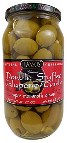 Tassos Double Stuffed Jalapeno-garlic Super Mammoth Greek Olives, 35.27 Oz