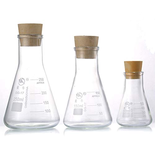 Young4us Glass Erlenmeyer Flask Set, (250 ml, 150 ml & 50 ml) Graduated Borosilicate Glass Erlenmeyer Flasks with Rubber Stoppers & Accurate Scales for Lab, Experiment, Chemistry, Science Studies etc