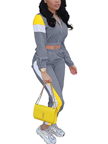 EOSIEDER Two Piece Outfit Sets for Women Crop Top Zip Jacket Active Top & Bottom Sets 2020 Summer Grey Medium Size 2-4