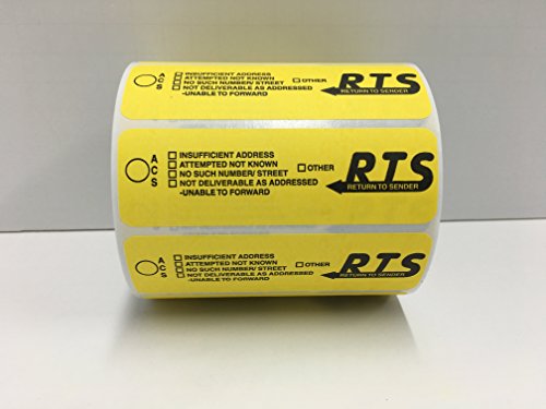 4x1-1/4 Yellow RTS Return to Sender Special Handling Instructions Mailing Shipping Stickers 500 Labels per roll
