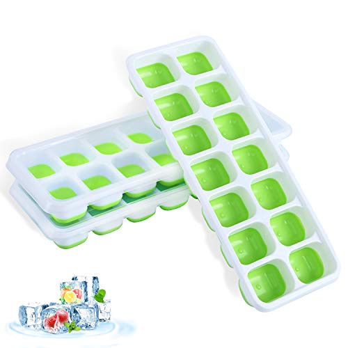 BNMM Ice Cube Tray 3 Pack,LFGB Certified And BPA Free,Durable Silicone Ice Trays With Spill-Resistant Lid, Easy-Release Reusable Stackable For Baby Food,Whiskey,Cocktail And Other Drinks,Green