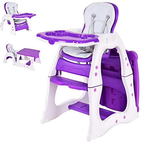 Costzon Baby High Chair, 3 in 1 Infant Table and Chair Set, Convertible Booster Seat with 3-Position Adjustable Feeding Tray, Adjustable Seat Back, 5-Point Harness (Purple)