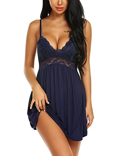 Ababoon Womens Sleepwear Lace Lingerie Chemises V Neck Full Slip Babydoll Nightgowns Sexy Sleep Dress Blue