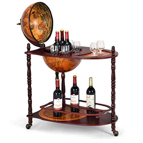 Goplus 34' Wood Globe Wine Bar Stand 16th Century Italian Rack Bigger Shelf for More Liquor Bottle