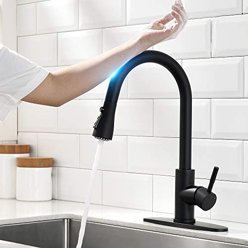 OWOFAN Touch On Kitchen Faucets with Pull Down Sprayer Smart Kitchen Sink Faucets with Deck Plate, Stainless Steel Matte Black 1068R