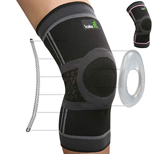 TechWare Pro Knee Compression Sleeve - Knee Brace for Men & Women with Side Stabilizers & Patella Gel Pads for Knee Support. Meniscus Tear, Arthritis, Joint Pain Relief. (Black/Gray-Large)