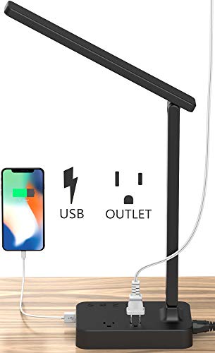 Drevet LED Desk Table Lamp with 1 USB Charging Port and 2 AC Power Outlet, 3 Color Model, 3 Level Brightness, Touch Dimmer Control,1h Timer, Memory Function,Eye-Caring Office Foldable Lamp,Night Light