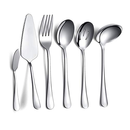 Kyraton Stainless Steel Flatware Serving Set 6 Pieces, Serving Utensils Include 1 of Each Ladle, Cake Server, Cold Meat Fork, Serving Spoon, Slotted Spoon, Butter Knife, Pack of 6