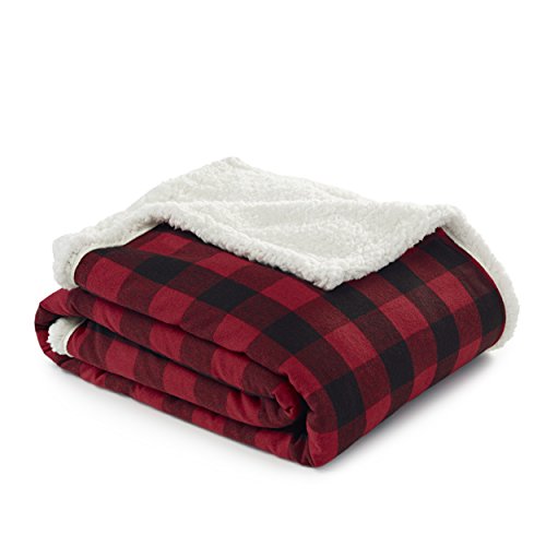 Eddie Bauer | Flannel Collection | Throw Blanket-Reversible Sherpa Fleece Cover, Soft & Cozy, Perfect for Bed or Couch, Cabin Red