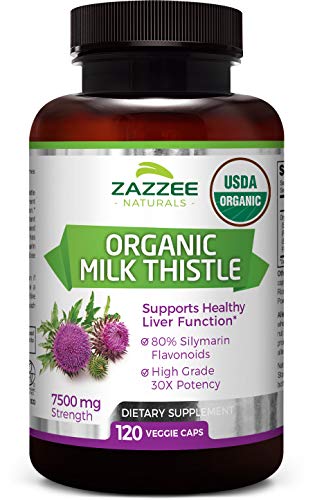 Zazzee USDA Organic Milk Thistle Extract Capsules, 120 Count, Vegan, 7500 mg Strength, 80% Silymarin Flavonoids, Potent 30:1 Extract, USDA Certified Organic, Vegan, Non-GMO and All-Natural