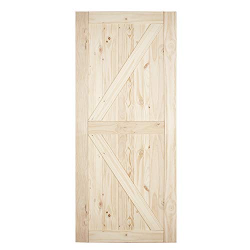 BELLEZE 36in x 84in Sliding Barn Wood Door Unfinished Knotty Pine Single Door Only Pre Drilled (3 ft X 7 ft) Interior, Natural