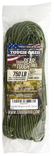 TOUGH-GRID 750lb Camo Green Paracord/Parachute Cord - Genuine Mil Spec Type IV 750lb Paracord Used by The US Military (MIl-C-5040-H) - 100% Nylon - 50Ft. - Camo Green