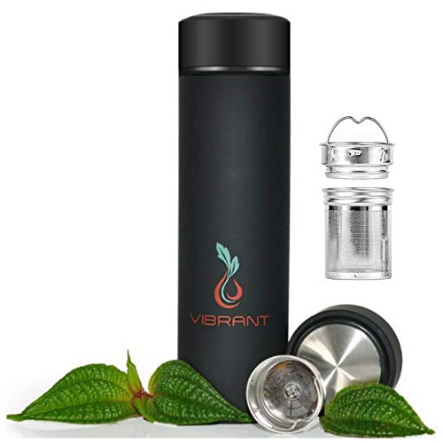 VIBRANT ALL IN ONE Travel Mug - TEA INFUSER Bottle WITH 2 PIECE STEEPER STRAINER MESH FILTER - Insulated HOT COFFEE THERMOS - Cold FRUIT INFUSED Water LEAK PROOF Double wall Stainless Steel 16.9 oz