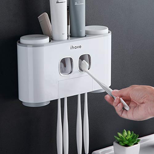 iHave Toothbrush Holder and Toothpaste Dispenser Wall Mounted 4-Cup Family Set Kids Favorite Automatic Dual Toothpaste Squeezer and Electric Toothbrush Holder for Bathroom(4Cups)