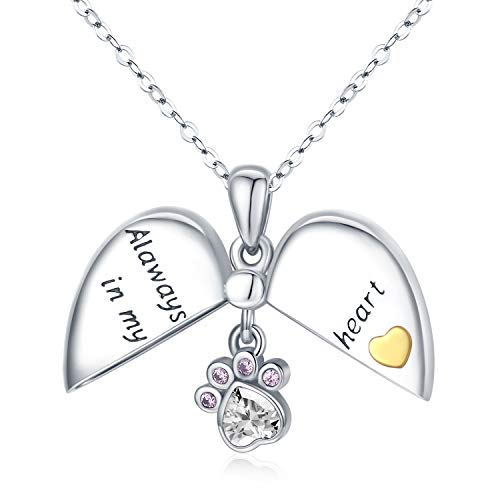 Waysles 925 Sterling Silver Heart Open&Closed Locket Necklace Engraved Alaways in My Heart with Dog Cat Pet Paw Zircon Pendant Jewelry