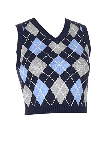 Women 's Y2K V Neck Sweater Vest E-Girls CropKnitwearArgyle Plaid Preppy Slim Fit Knitted Tank Tops (Dark Blue, S)