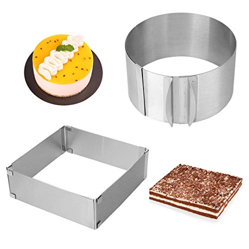 Adjustable Cake Mold Ring 2-piece Set, 6-12 Inch Cake Mousse Ring Stainless Steel (Round+Square)