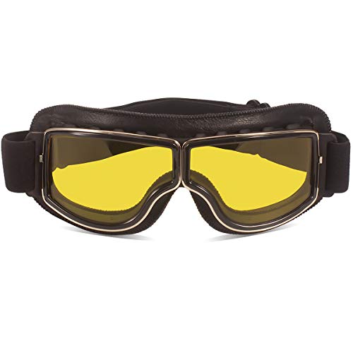 TYSKL Retro Pilot Motorcycle Goggles Fog-proof Warm Riding Goggles ATV Bike Motocross Glasses Protective Eyewear(Black/Yellow Lens)
