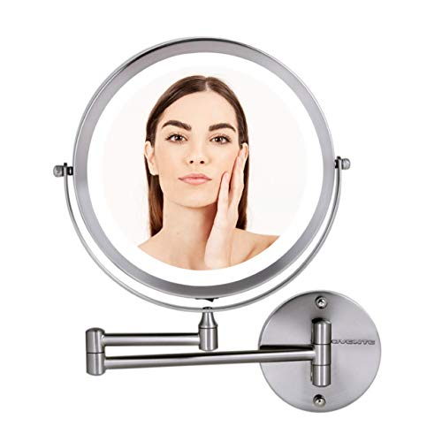 OVENTE Wall Mounted Vanity Makeup Mirror 8.5 Inch with 10X Magnification and LED Light, 360 Degree Swivel Rotation with Distortion Free View, 4 AAA Batteries Operated, Nickel Brushed (MFW85BR1X10X)