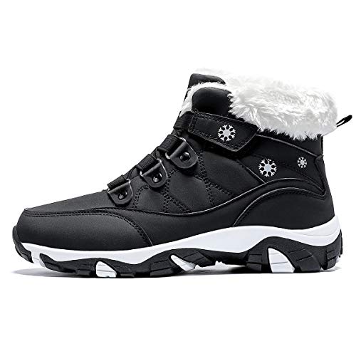 ASHION Womens Winter Snow Hiking Ankle Boots Warm Water Resistant Anti-Skid No Laces Warm with Faux Fur Lined Outdoor Shoes Black White 9