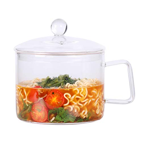 Mini Sized Glass Pasta Noodles Bowls with Lid and Handle, 44 FL OZ/1.4L Glass Soup Bowls for Noodles, Soup, Cereals, Fruits, BPA Free, Microwave Dishwasher Oven