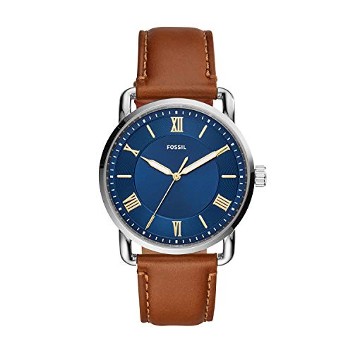 Fossil Men's Copeland Quartz Leather Three-Hand Watch, Color: Silver/Blue Dial, Brown (Model: FS5661)