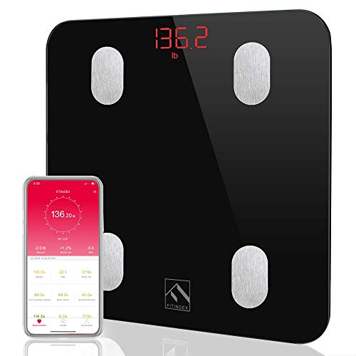 FITINDEX Bluetooth Body Fat Scale, Smart Wireless BMI Bathroom Weight Scale Body Composition Monitor Health Analyzer with Smartphone App for Body Weight, Fat, Water, BMI, BMR, Muscle Mass - Black
