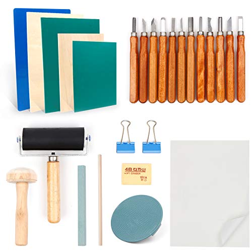 Rubber Stamp Making Kit, Printing Starter Tool Kit with 2 Rubber Carving Blocks, 1 Whetstone, Carving Knive and Rice Paper for Printmaking, Inking Blocks, Carved Surfaces or Stamping Tools