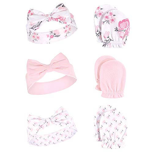 Hudson Baby Unisex Cotton Headband and Scratch Mitten Set, pink floral, 0-6 Months