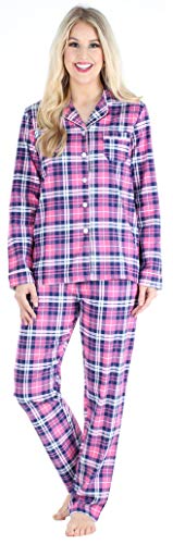 PajamaMania Women's Cotton Flannel Long Sleeve Button-Down Pajamas PJ Set, Pink & Navy Plaid, MED