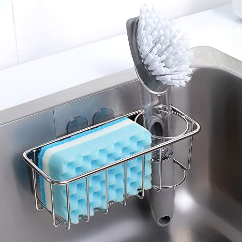 KESOL Adhesive Sponge Holder + Brush Holder, 2-in-1 Sink Caddy, SUS304 Stainless Steel Rust Proof Water Proof, No Drilling