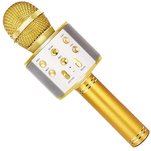 SUNY Wireless Bluetooth Karaoke Microphone with Speaker & Record Function, Best Gift Singing Toy for Kid (Gold)