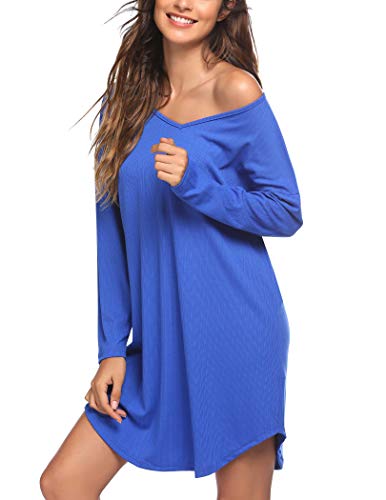 Ekouaer Soft Nightgown Drop Shoulder Sleepshirt Long Sleeve Sexy Nightshirt V-Neck Lounger Dress for Women(Blue,Large)