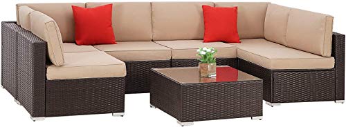 Cemeon Outdoor Furniture 7 Pieces Patio Wicker Sofa Set Outdoor Sectional Sofa,Black Brown Wicker Outdoor Conversation Set with Washable Seat Cushions and Tempered Glass Table (Brown Cushions)