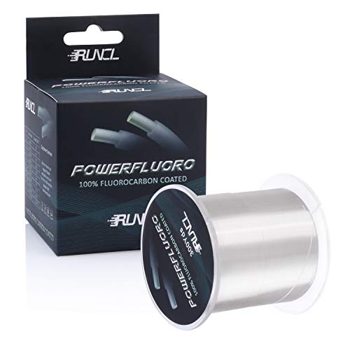 RUNCL PowerFluoro Fishing Line, 100% Fluorocarbon Coated Fishing Line, Hybrid Line - Virtually Invisible, Faster Sinking, Low Stretch, Extra Sensitivity, Abrasion Resistance (300Yds, 12LB(5.4kgs))