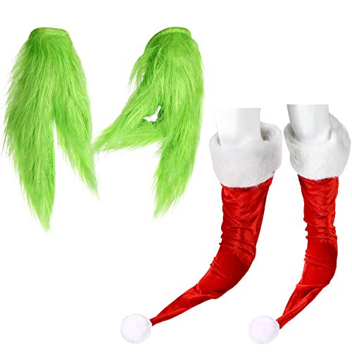 Green Furry Plush Gloves and Red Footwear, Santa Christmas Halloween Cosplay Costume Accessories