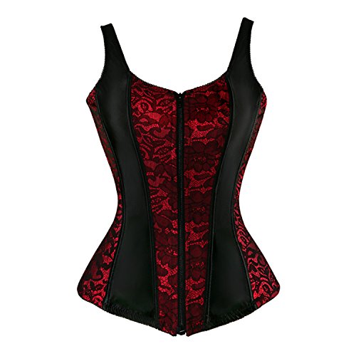 jutrisujo Overbust Corsets and Bustiers Boned Zipper with Straps Satin Floral Lace up, Red 2928, L(For Waist 28-29inch)