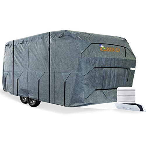 KING BIRD Extra-Thick 4-Ply Top Panel & Extra 2Pcs Reinforced Straps, Deluxe Camper Travel Trailer Cover, Fits 20'- 22' RV Cover -Breathable Water-Repellent Anti-UV with Storage Bag&Tire Covers