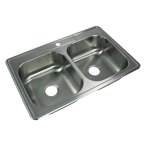 Transolid STDE33227-1 Select 1-Hole Drop-in 50/50 Double Bowl 20-Gauge Stainless Steel Kitchen Sink, 33-in x 22-in x 7-in, Brushed Finish