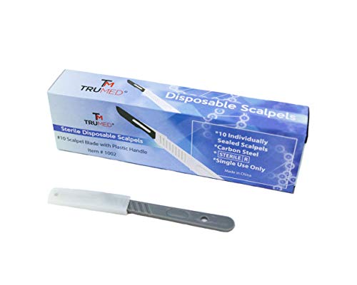 TruMed 1002 Disposable Scalpels with #10 High-Carbon Steel Blades, Plastic Handle, Sterile Surgical Tool, Biology Lab Anatomy, Carving, Medical Dissection, Box of 10