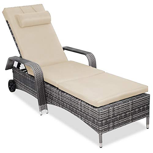 OAKVILLE FURNITURE 61708 Adjustable Patio Outdoor Rattan Chaise Lounge Chair with Wheels, Grey Wicker, Beige Cushion