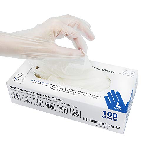 OKIAAS Vinyl Disposable Gloves| Latex and Powder-Free Cleaning Gloves for Food Handling, Lab Work and More | Large,100 Counts/Box